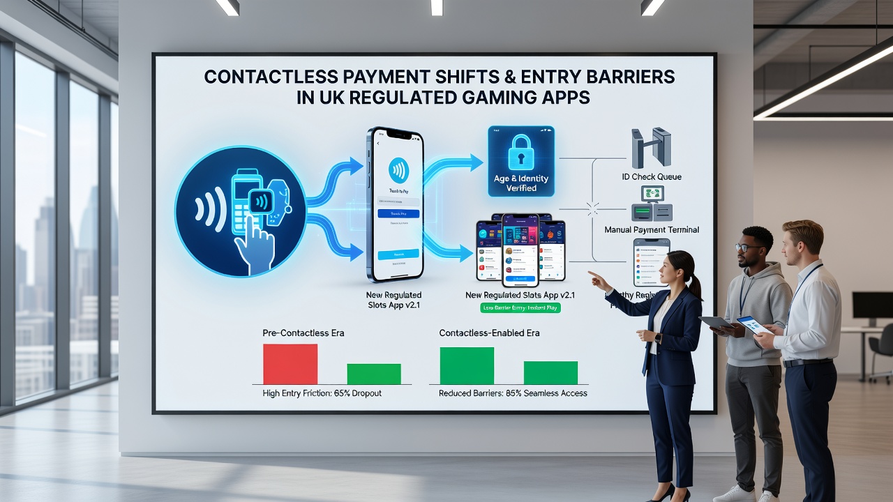 Mobile device displaying a regulated gaming app with contactless payment confirmation screen and security indicators